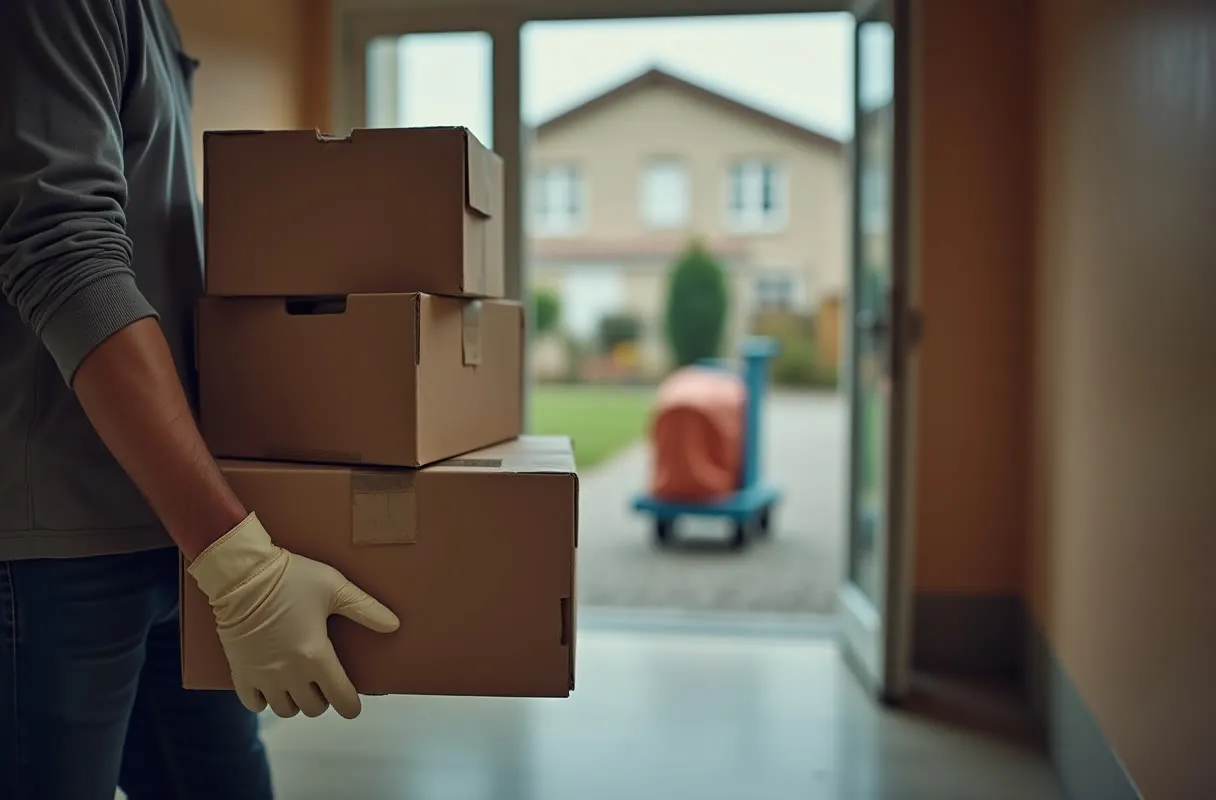 Cartons de déménagement empilés devant une porte d'entrée