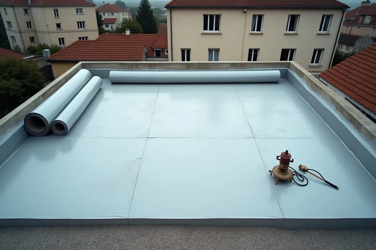 Toiture-terrasse avec rouleaux de membrane bitumineuse en attente de pose