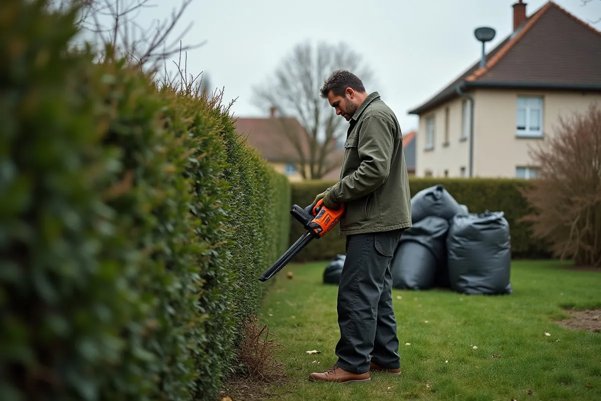 Paysagiste taillant une haie au taille-haie, sacs de déchets verts au pied de la haie devant une maison