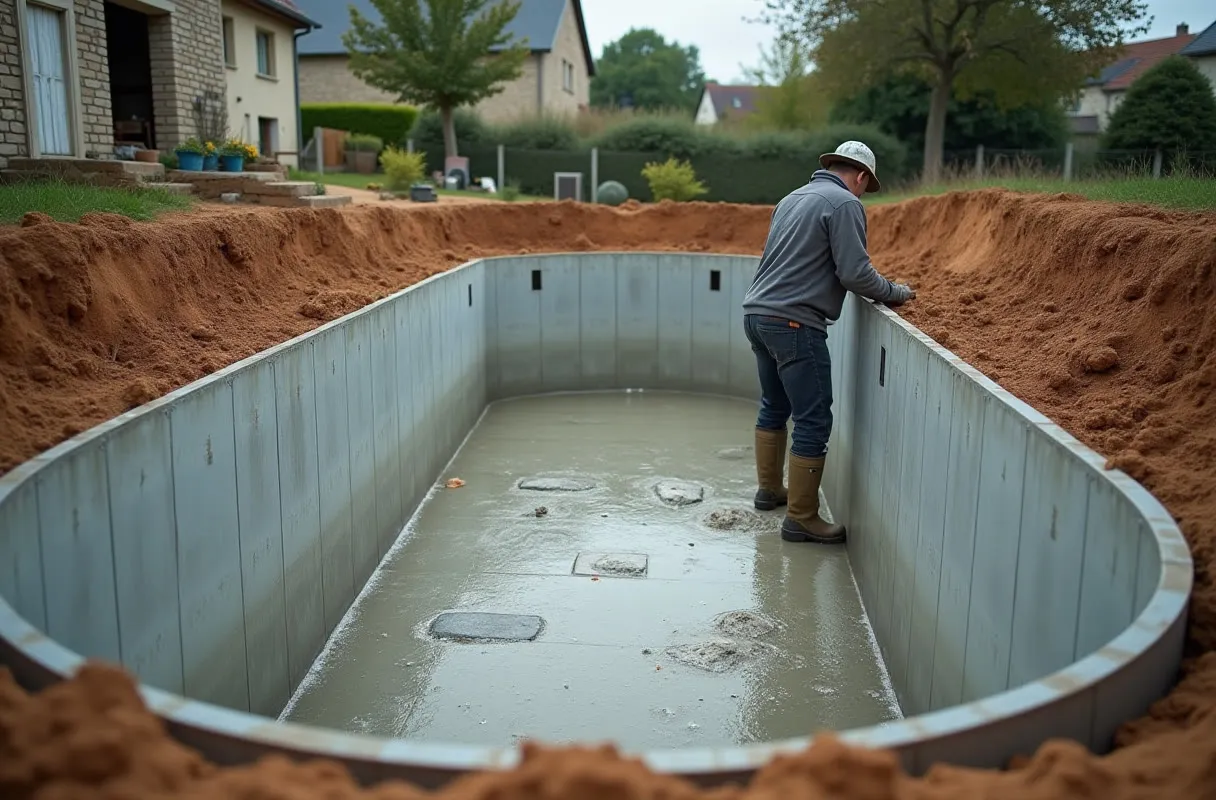 Construction d'une piscine enterrée : bassin en béton, canalisations et terrassement autour