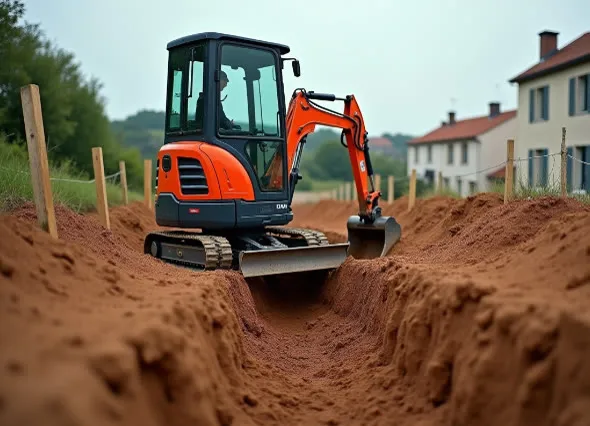 Mini-pelle creusant une tranchée sur un terrain nu, piquets et cordeau de nivellement visibles